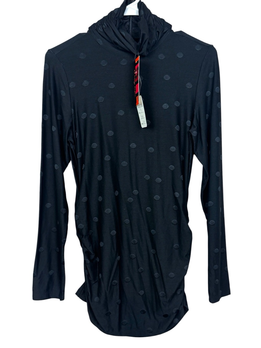NWT ISLE by Melis Kozan Black polka dot mock neck ruched stretch top S